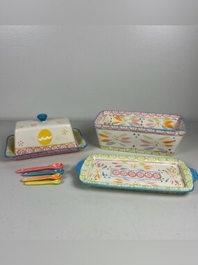 Temp-tations Old World Ceramic Butter Dish Loaf Pan Tray Measuring Spoons Set